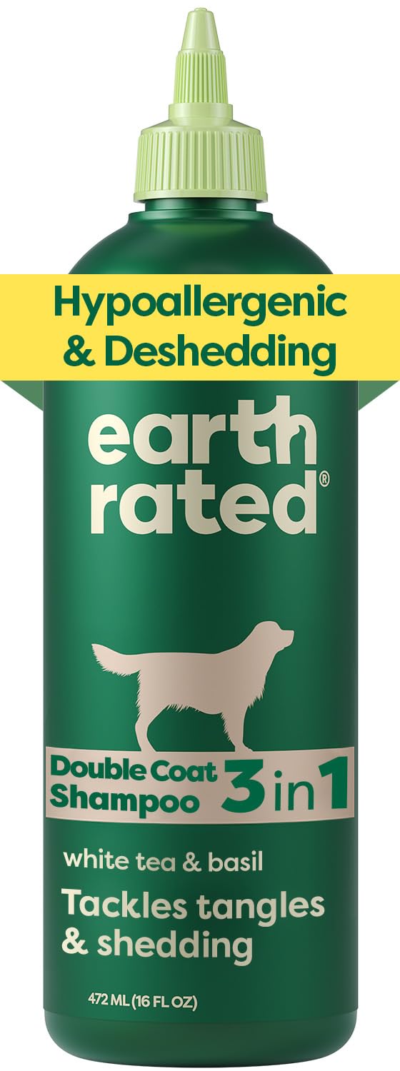 Earth Rated deshedding shampoo bottle displaying a nourishing formula for manageable shedding