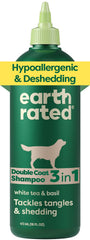 Earth Rated deshedding shampoo bottle displaying a nourishing formula for manageable shedding