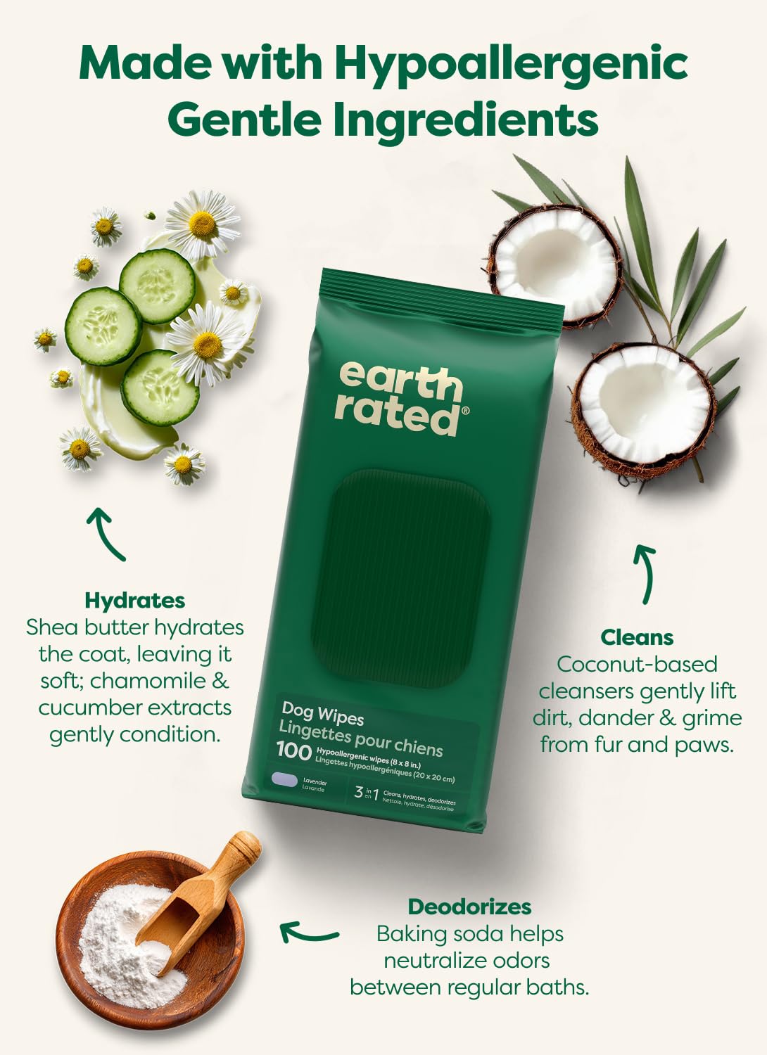 Earth Rated dog wipes with aloe and chamomile for gentle cleansing.