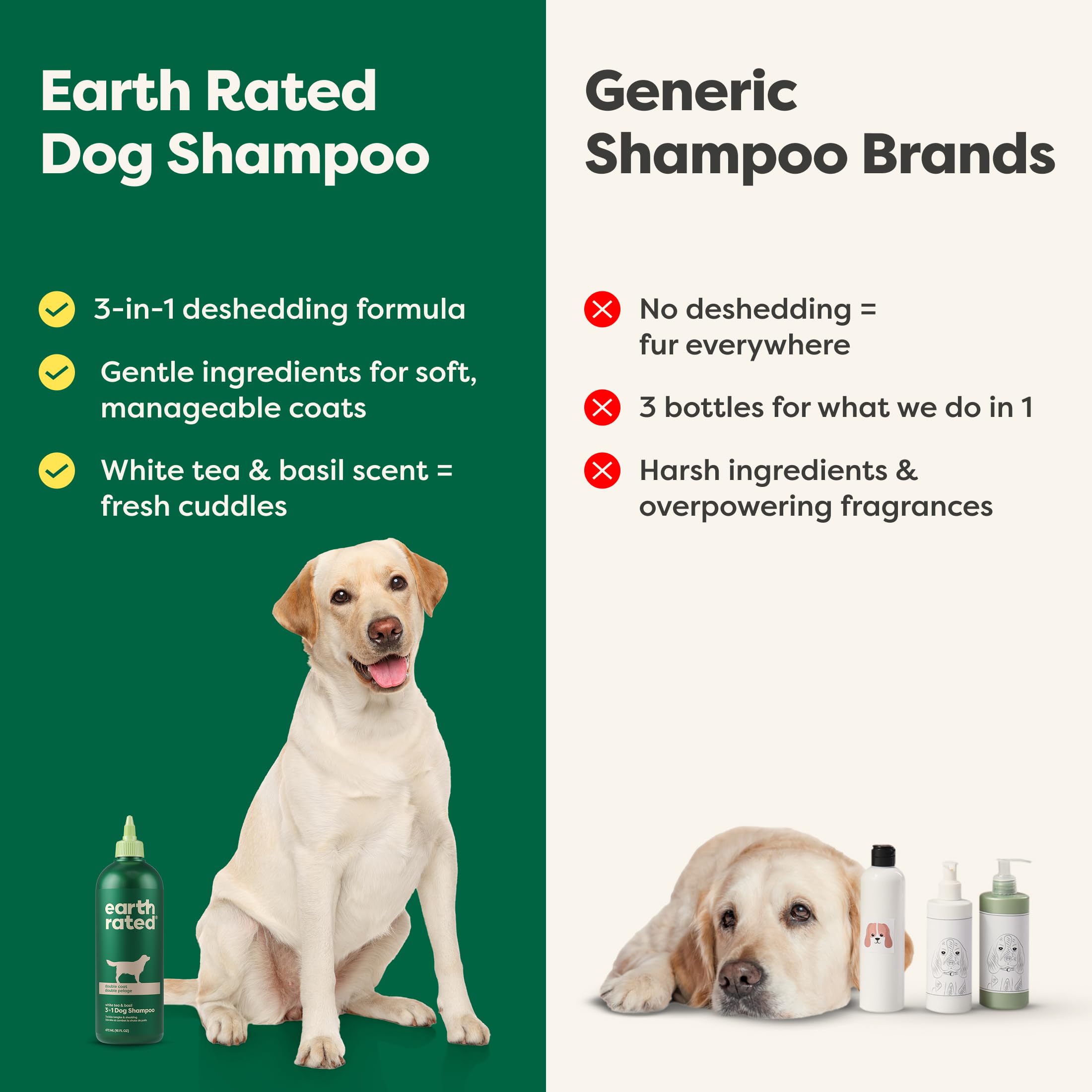Earth Rated hypoallergenic dog shampoo label emphasizes gentle, fragrance-free care