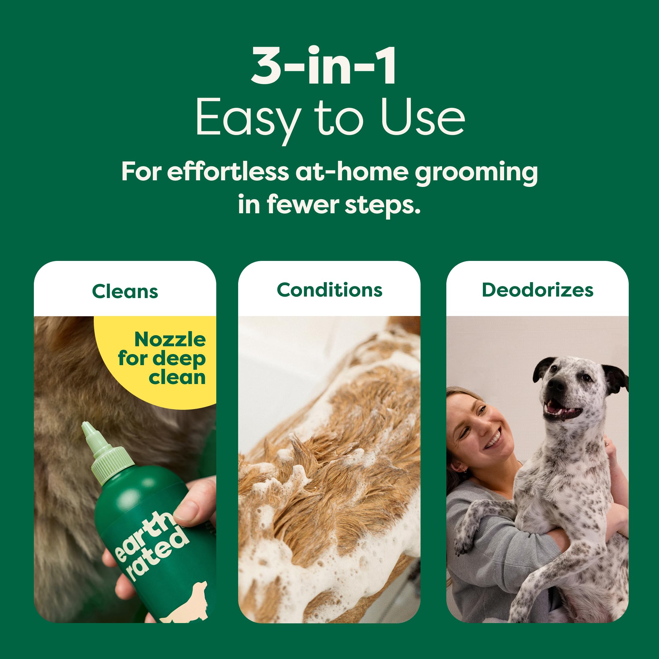 Earth Rated odor-fighting shampoo ingredients image suggests odor control for fresh dogs