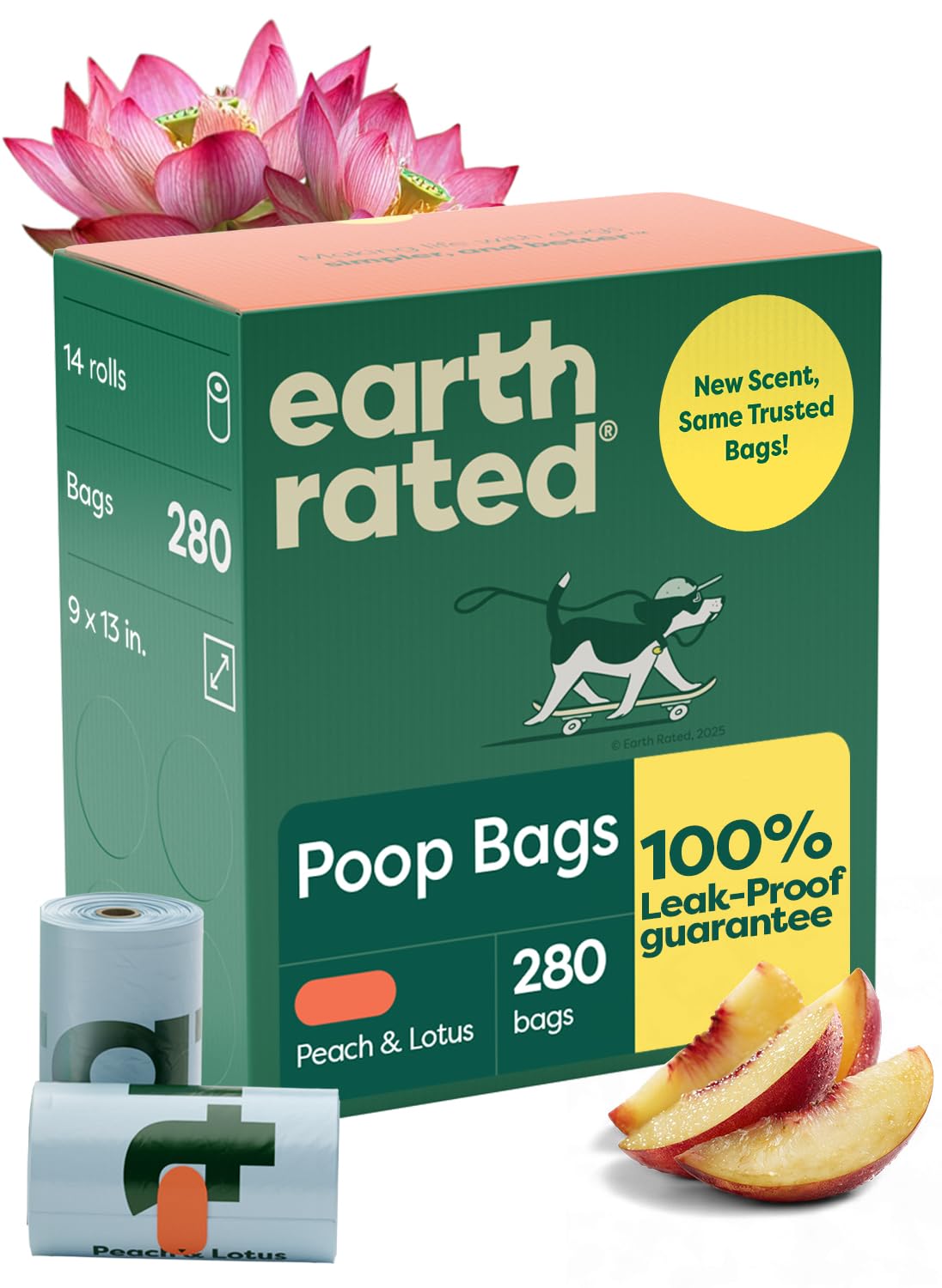 Earth Rated peach-lotus poop bags roll for convenient on-the-go cleanup.
