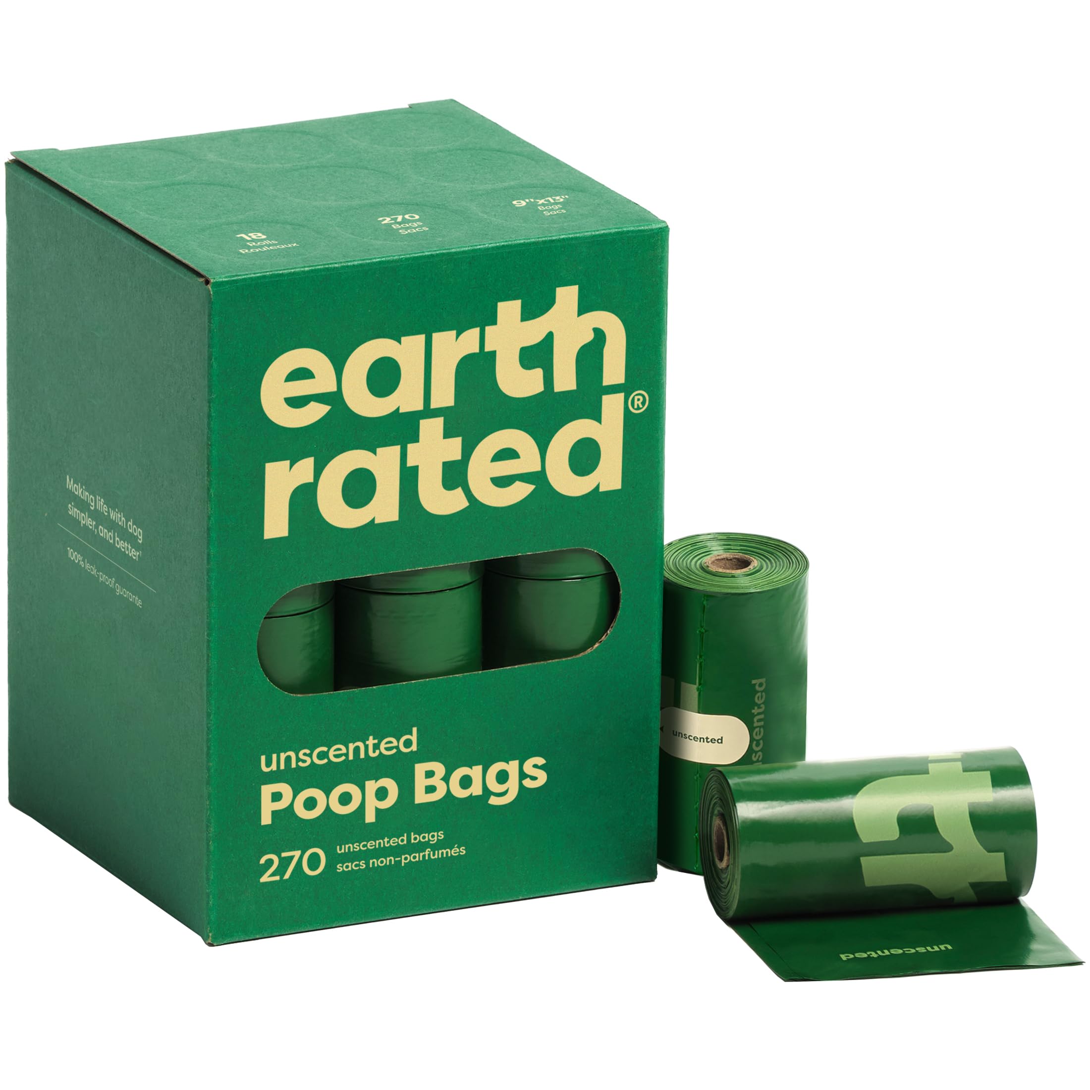 Earth Rated poop bags roll showing tear line for easy one-at-a-time use.
