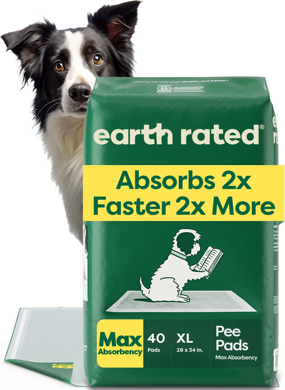 Earth Rated Puppy Pads packaging showcases a 40-count box for easy stocking.
