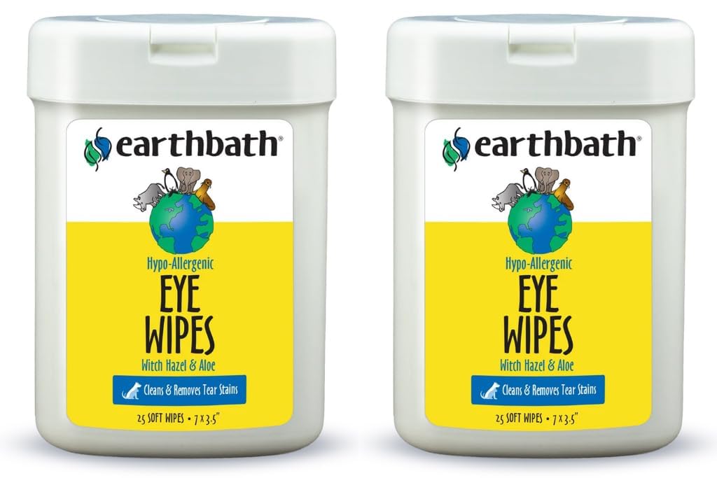 Earthbath hypoallergenic eye wipes fragrance-free for dogs and cats, gentle cleansing around eyes.