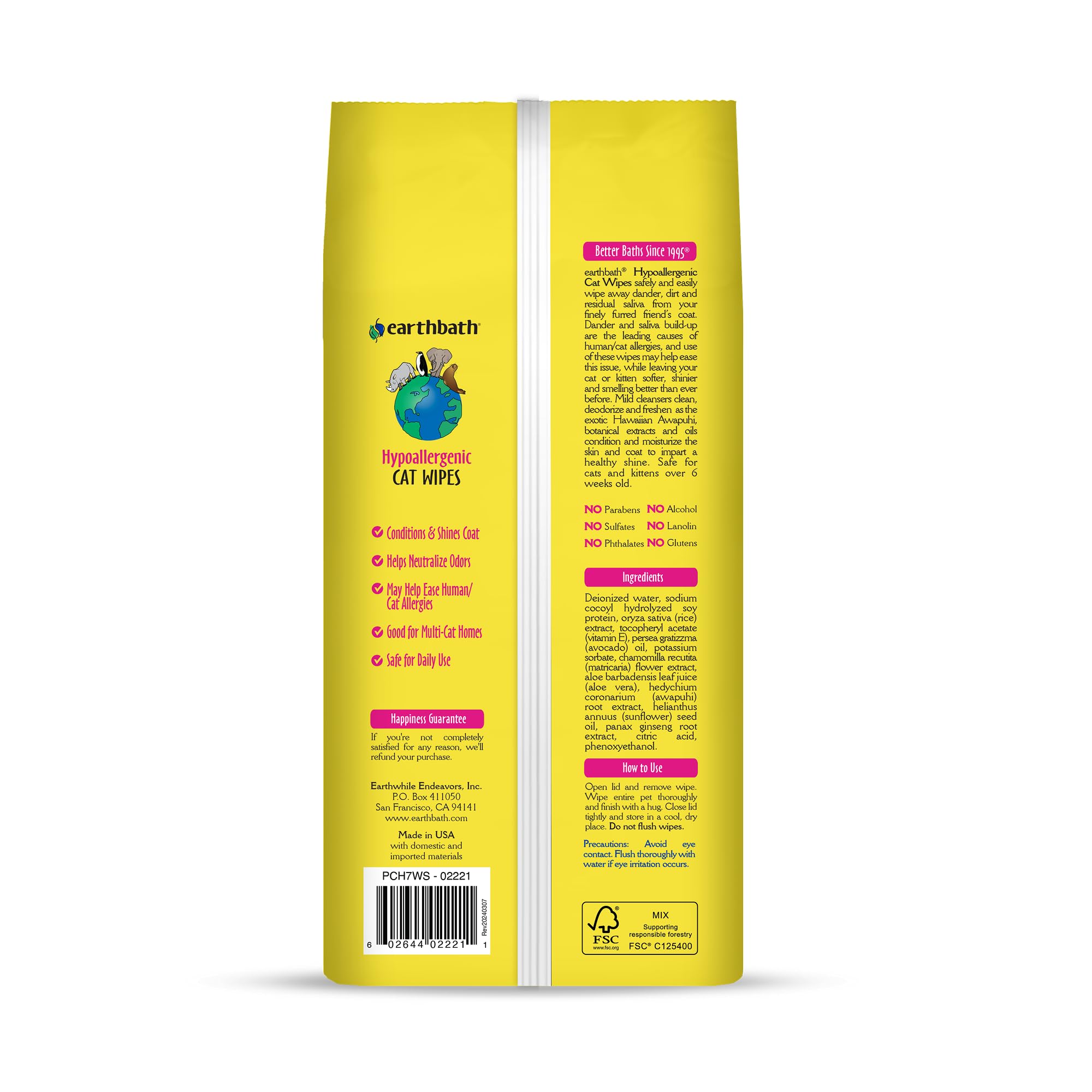 Earthbath fragrance-free cat wipes for butt, handy hygiene