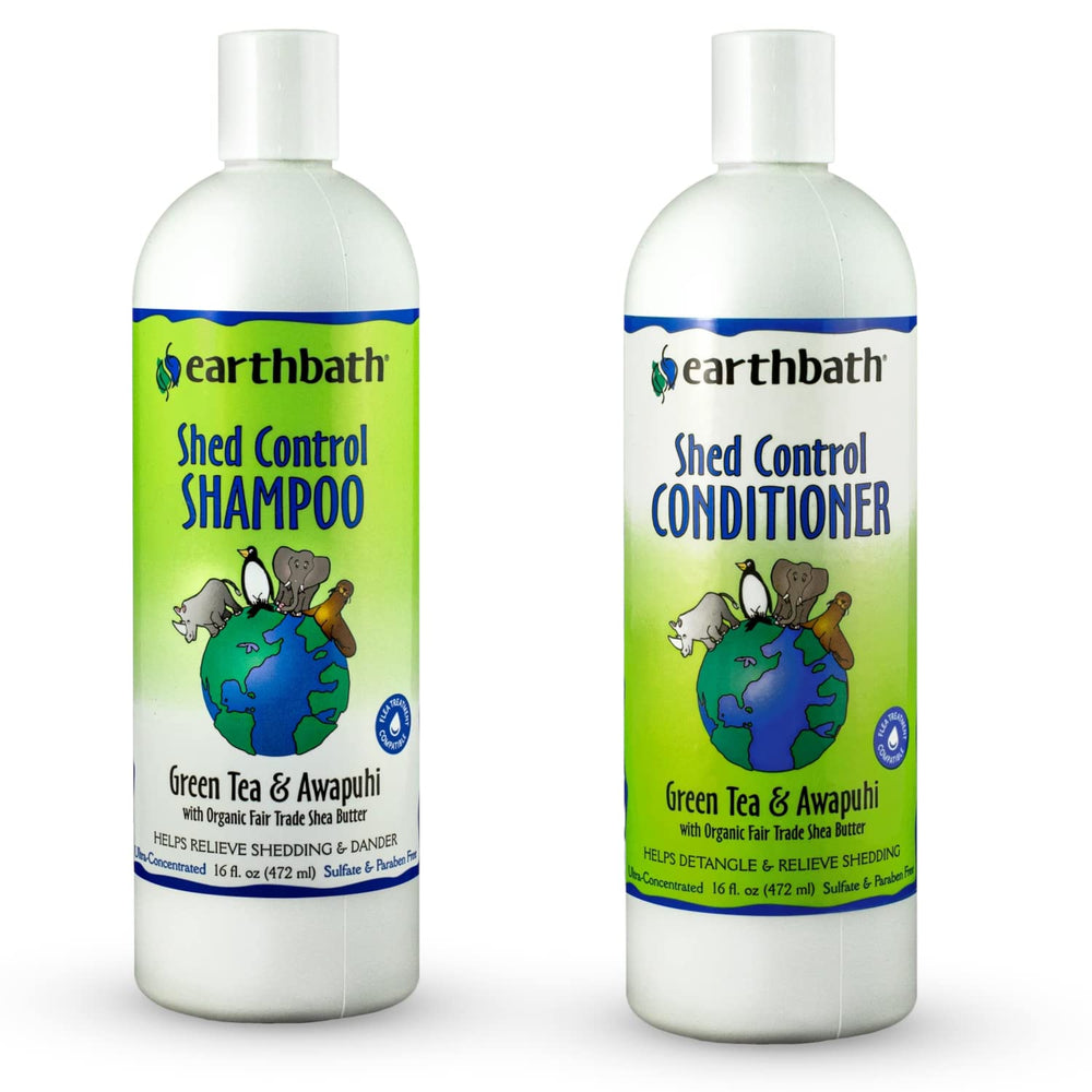 Earthbath Green Tea and Awapuhi Shed Control Shampoo bottle highlighting premium ingredients for a softer coat.