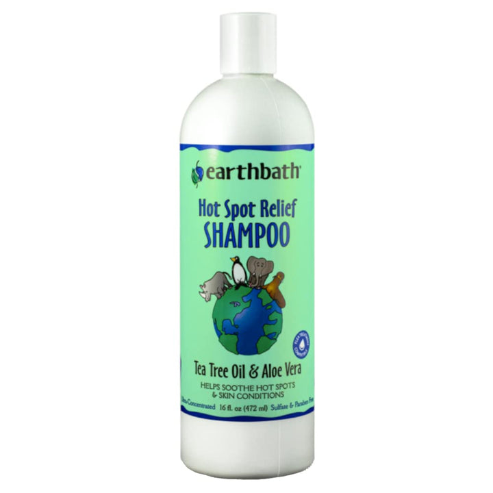 Earthbath hot spot relief tea tree shampoo bottle helps soothe itchy skin in dogs.