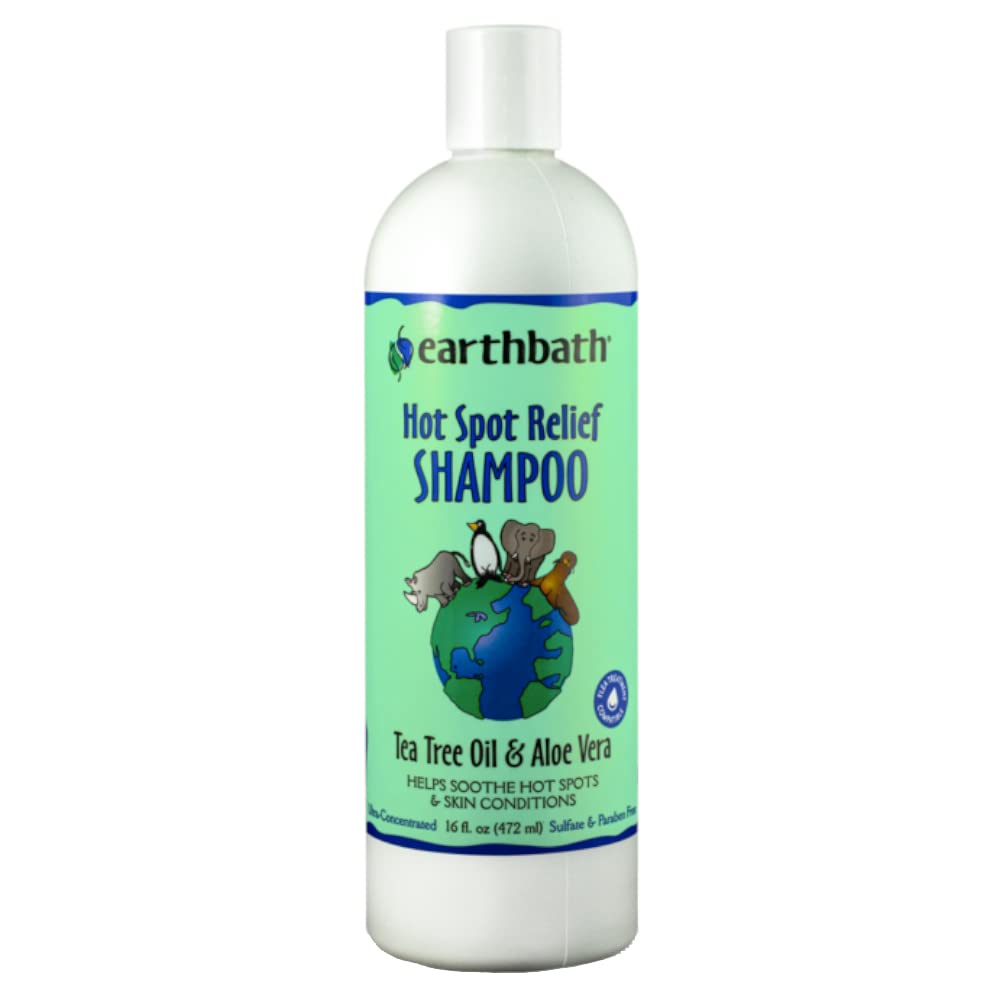 Earthbath hot spot relief tea tree shampoo bottle helps soothe itchy skin in dogs.