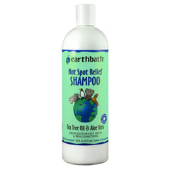 Earthbath hot spot relief tea tree shampoo bottle helps soothe itchy skin in dogs.
