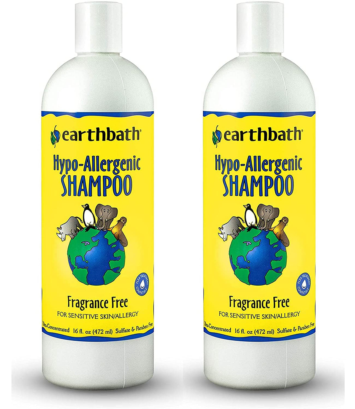 Earthbath hypoallergenic dog shampoo bottle on shelf; fragrance-free formula gentle on sensitive skin.