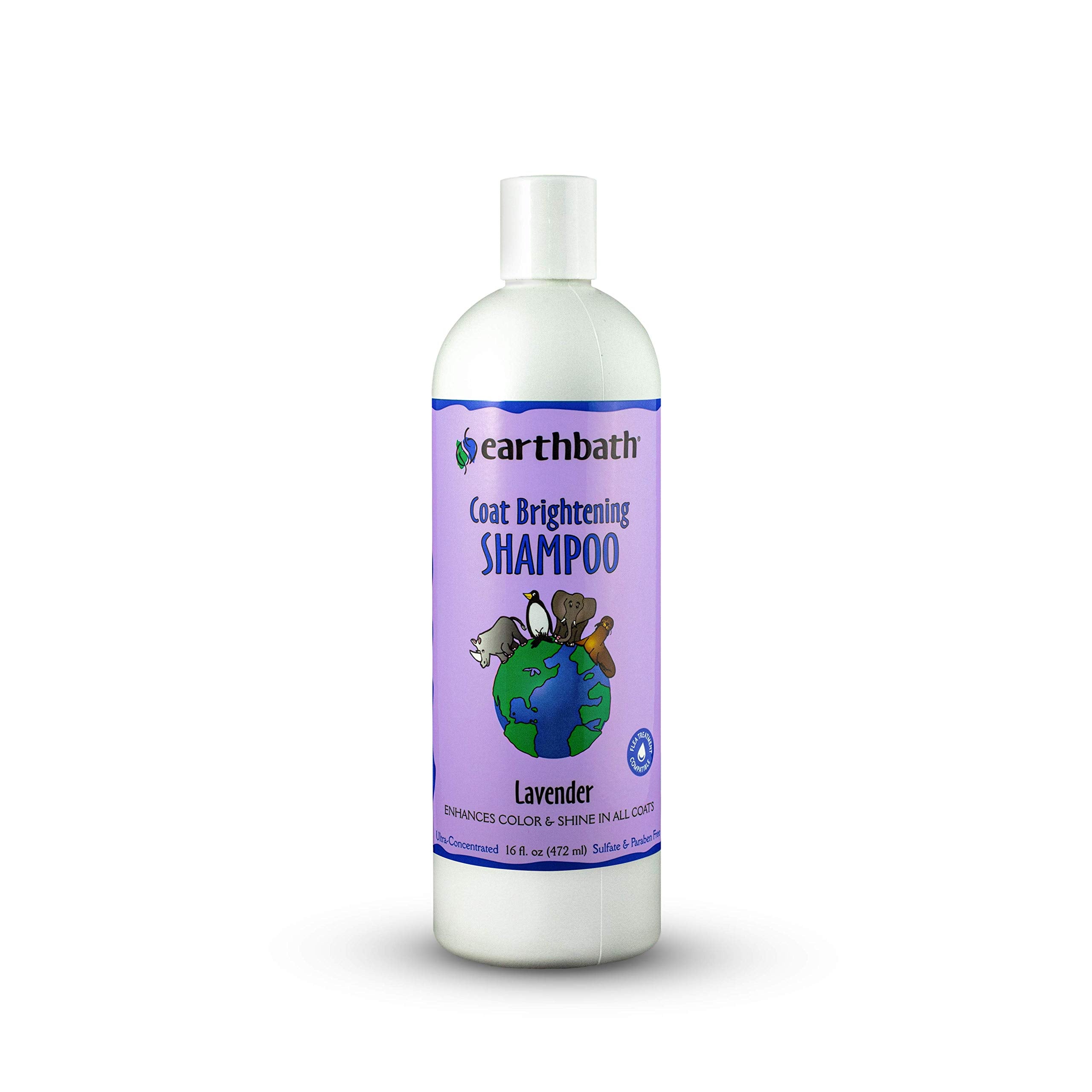 Earthbath Lavender dog shampoo bottle shows gentle cleansing for pets.
