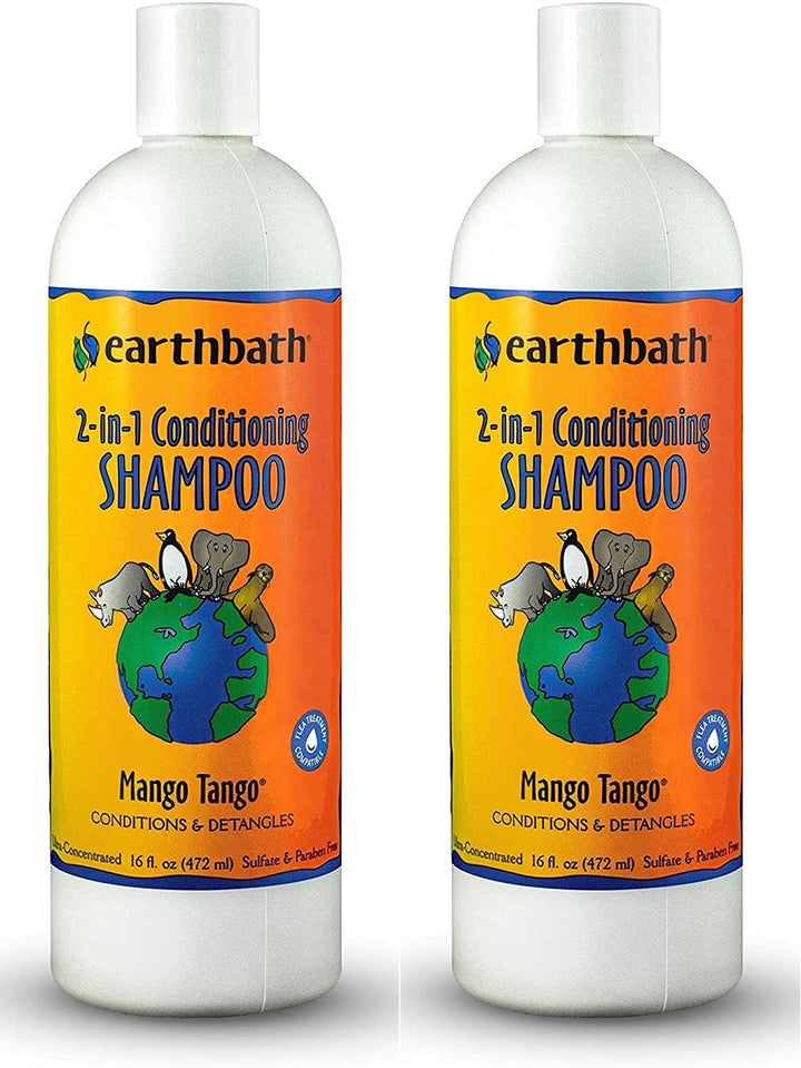 earthbath Mango Tango 2-in-1 bottle pour showing tropical scent and gentle cleansing