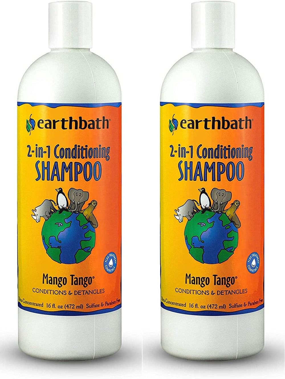 earthbath Mango Tango 2-in-1 bottle pour showing tropical scent and gentle cleansing