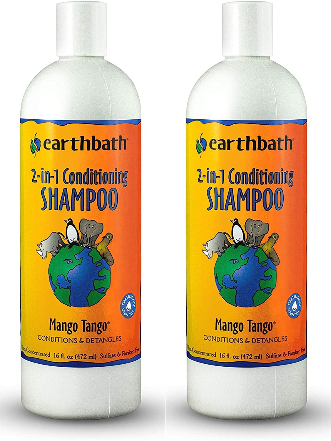 earthbath Mango Tango 2-in-1 bottle pour showing tropical scent and gentle cleansing
