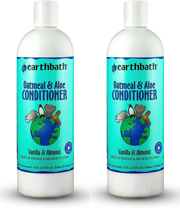 Earthbath Oatmeal & Aloe conditioner bottle demonstrates gentle care for dogs.