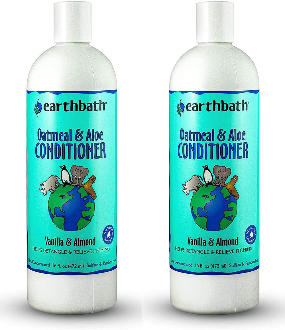 Earthbath Oatmeal & Aloe conditioner bottle demonstrates gentle care for dogs.