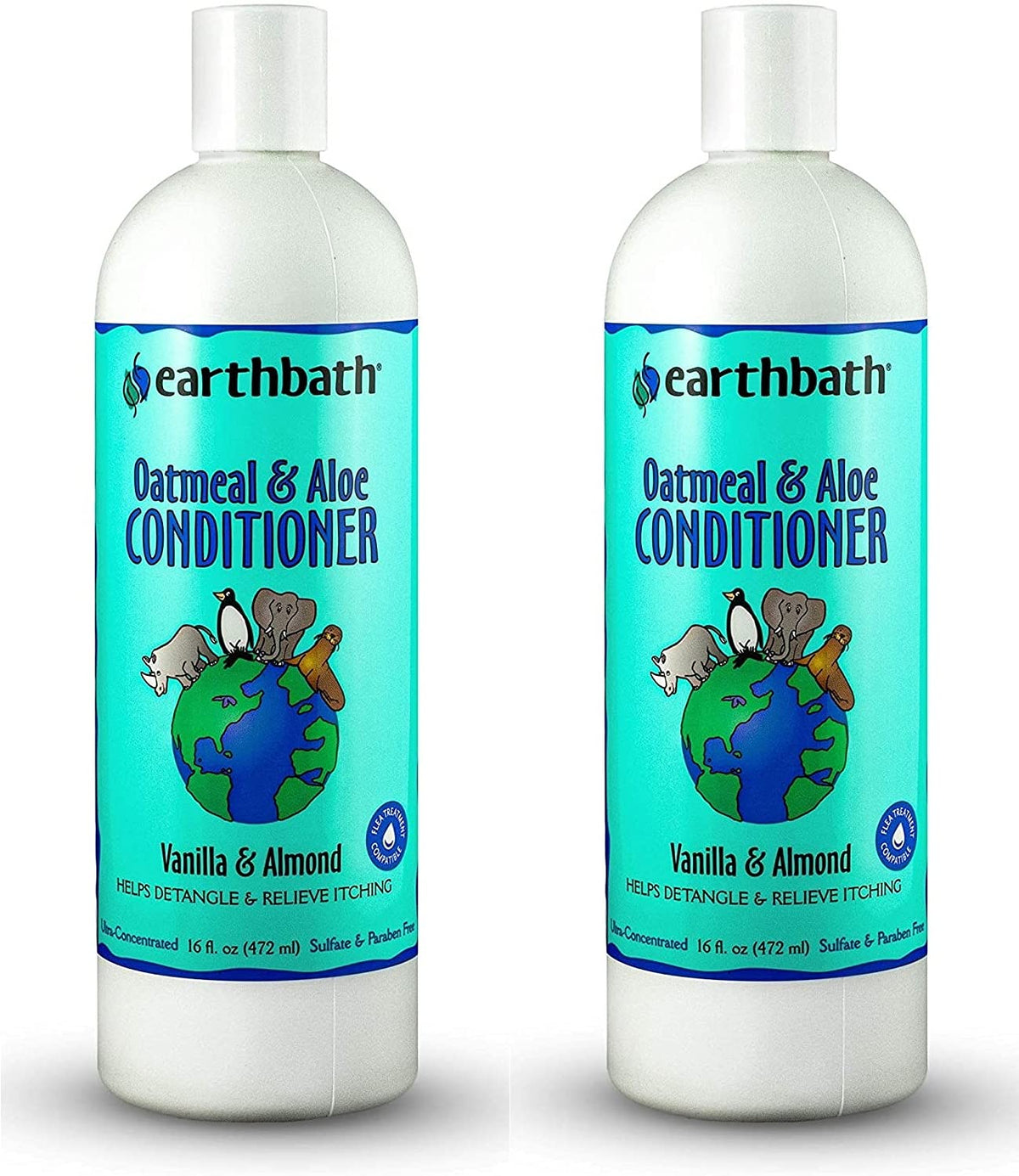 Earthbath Oatmeal & Aloe conditioner bottle demonstrates gentle care for dogs.