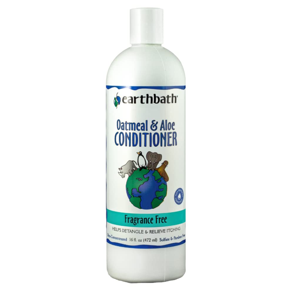 Earthbath Oatmeal and Aloe Conditioner bottle demonstrates gentle cleansing and detangling.