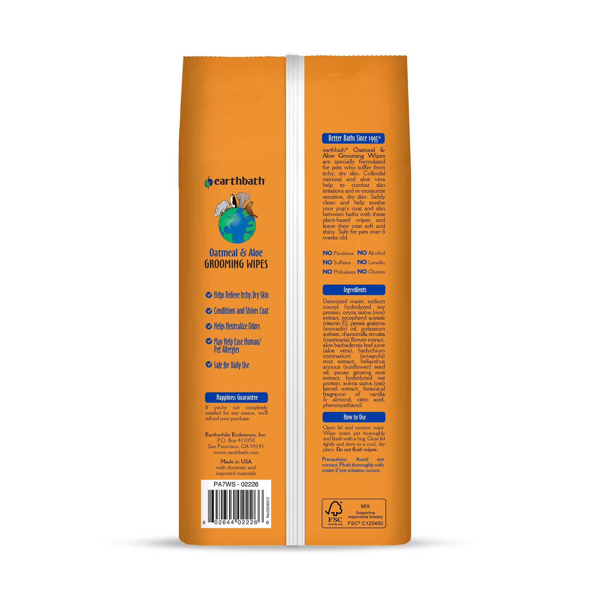 Earthbath Oatmeal & Aloe Grooming Wipes for butt area deodorize and refresh fur.