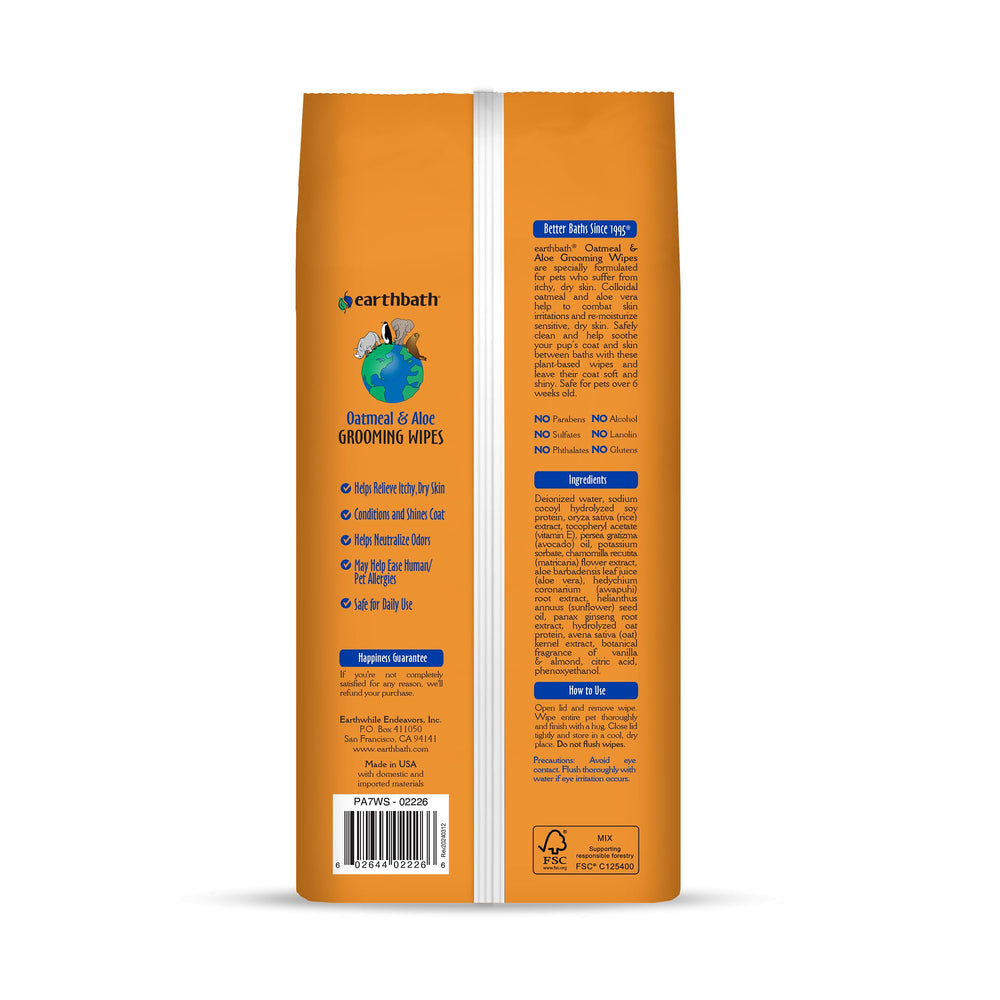 Earthbath Oatmeal & Aloe Grooming Wipes for butt area deodorize and refresh fur.