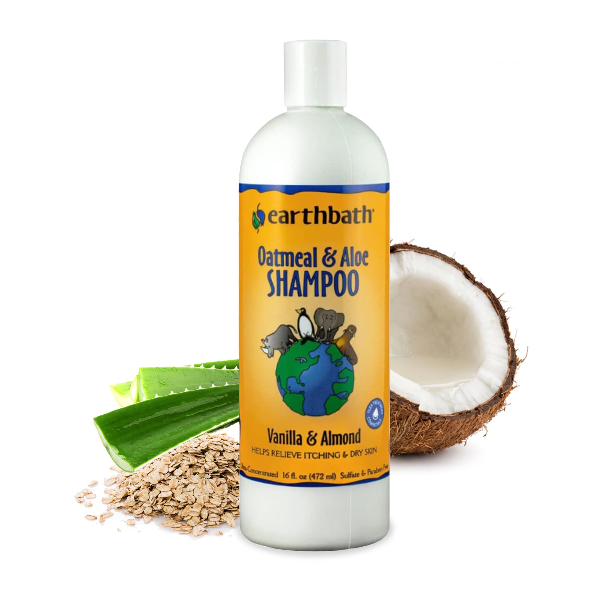 Earthbath Oatmeal and Aloe shampoo bottle highlights gentle plant-based cleansing for dogs