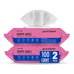 Earthbath Ultra-Mild Wild Cherry Puppy Wipes open pack for gentle at-home dog grooming.