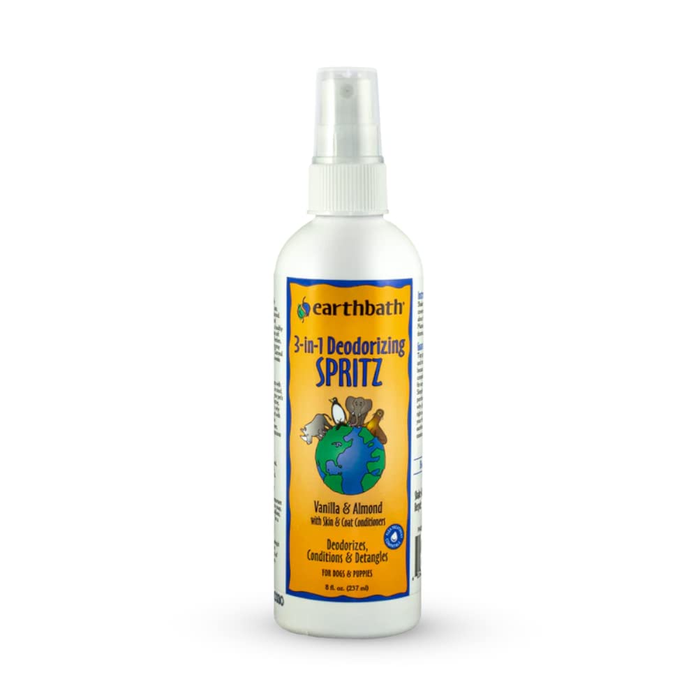 earthbath Vanilla and Almond 3-in-1 dog spritz bottle pour freshens coat.