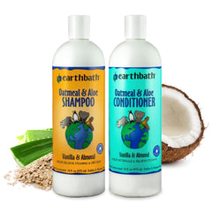 Earthbath Vanilla & Almond dog shampoo bottle pour for gentle cleansing and aroma.
