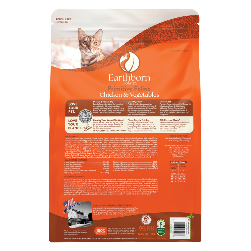 Earthborn Holistic Primitive Feline grain-free dry cat food supports dietary needs.