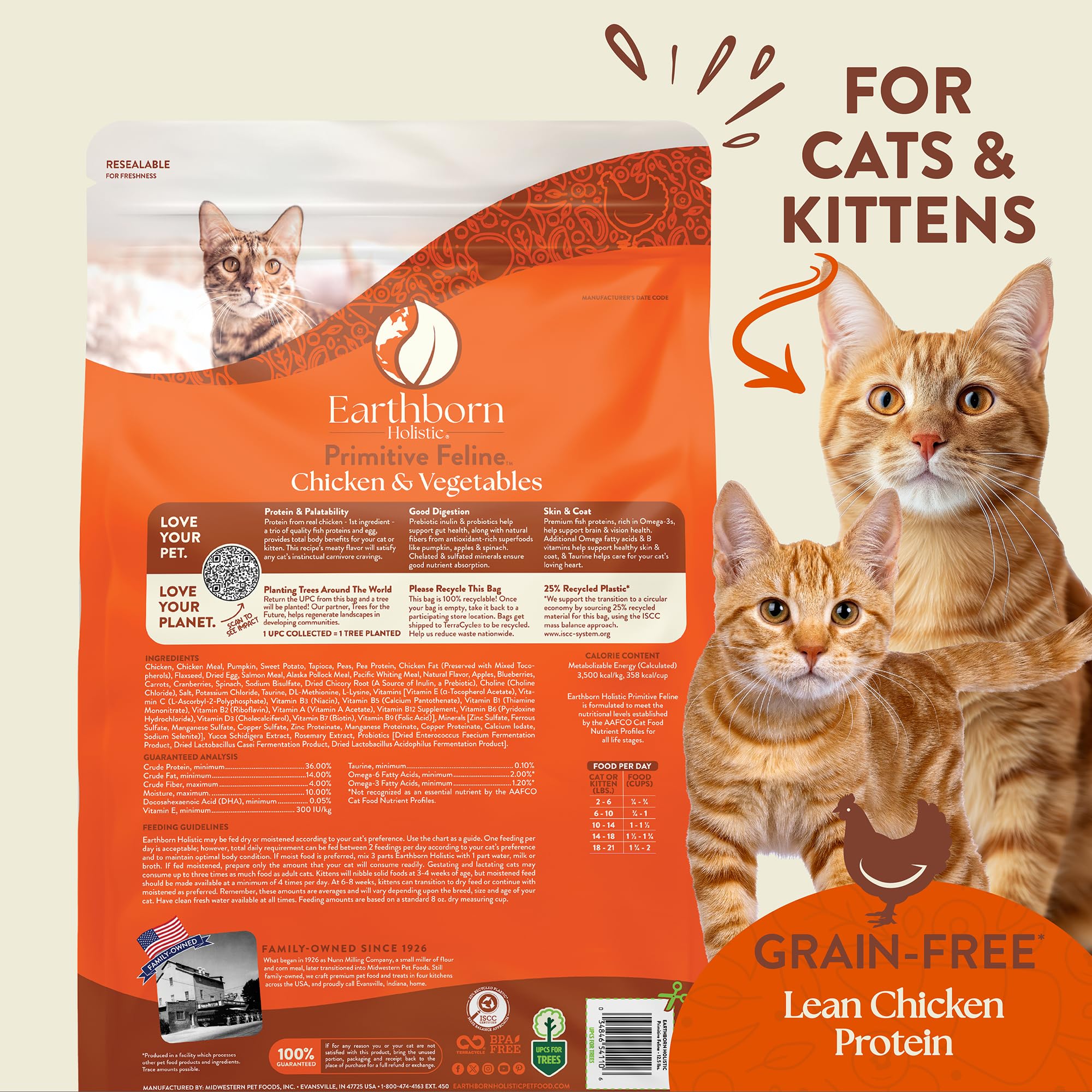 Earthborn Holistic Primitive Feline prebiotic and probiotic blend aids gut health.