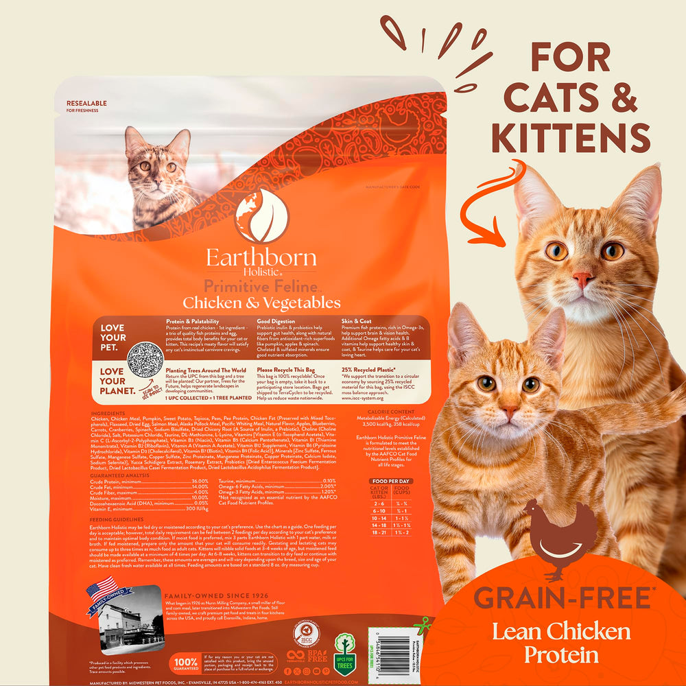 Earthborn Holistic Primitive Feline prebiotic and probiotic blend aids gut health.