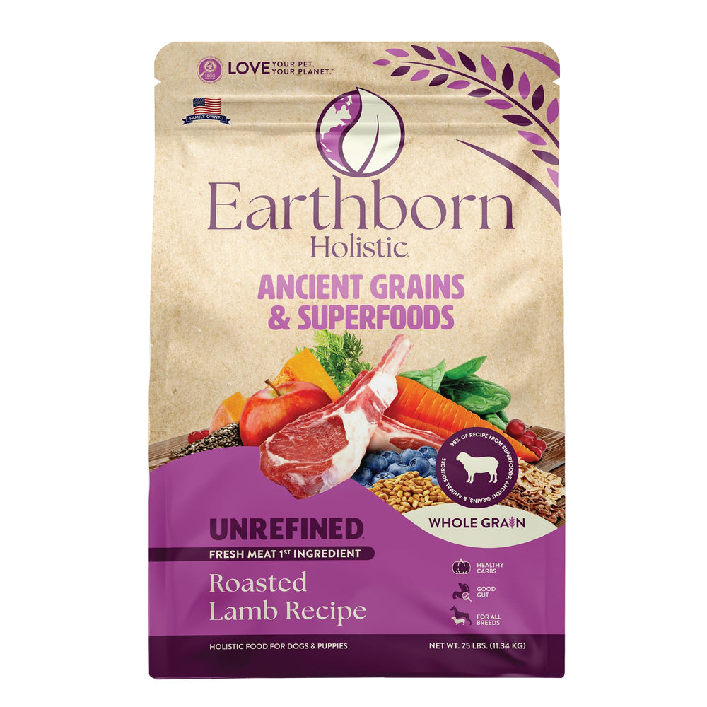Earthborn Holistic unrefined roasted lamb dog food bag showcases premium protein and digestibility.