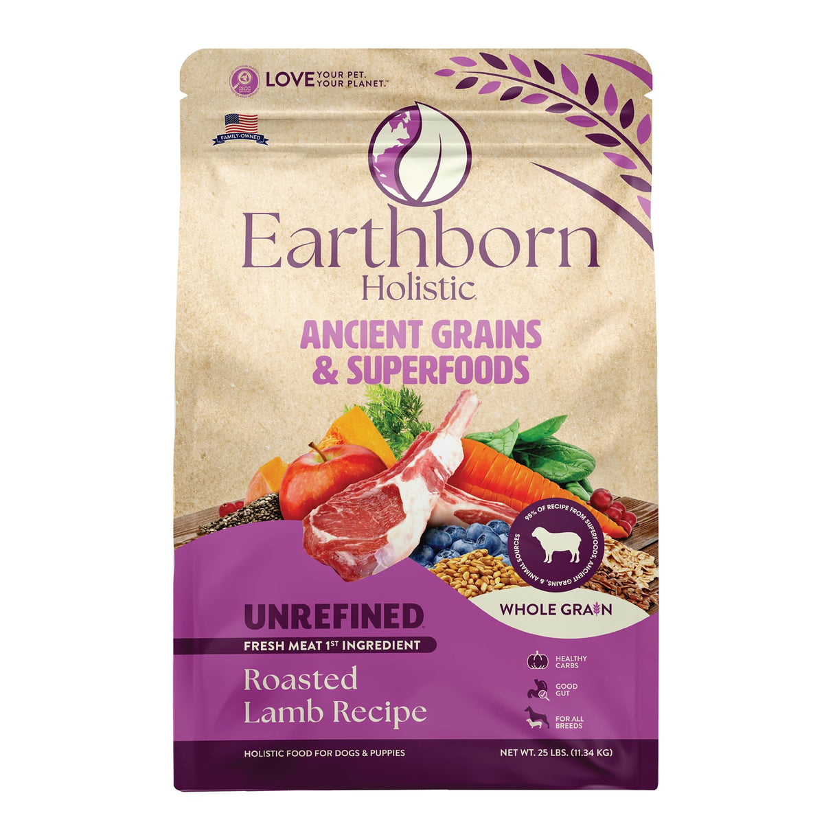 Earthborn Holistic unrefined roasted lamb dog food bag showcases premium protein and digestibility.