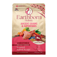 Earthborn Holistic Unrefined Roasted Rabbit dry dog food bag 25 lb, pea-free for sensitive digestion