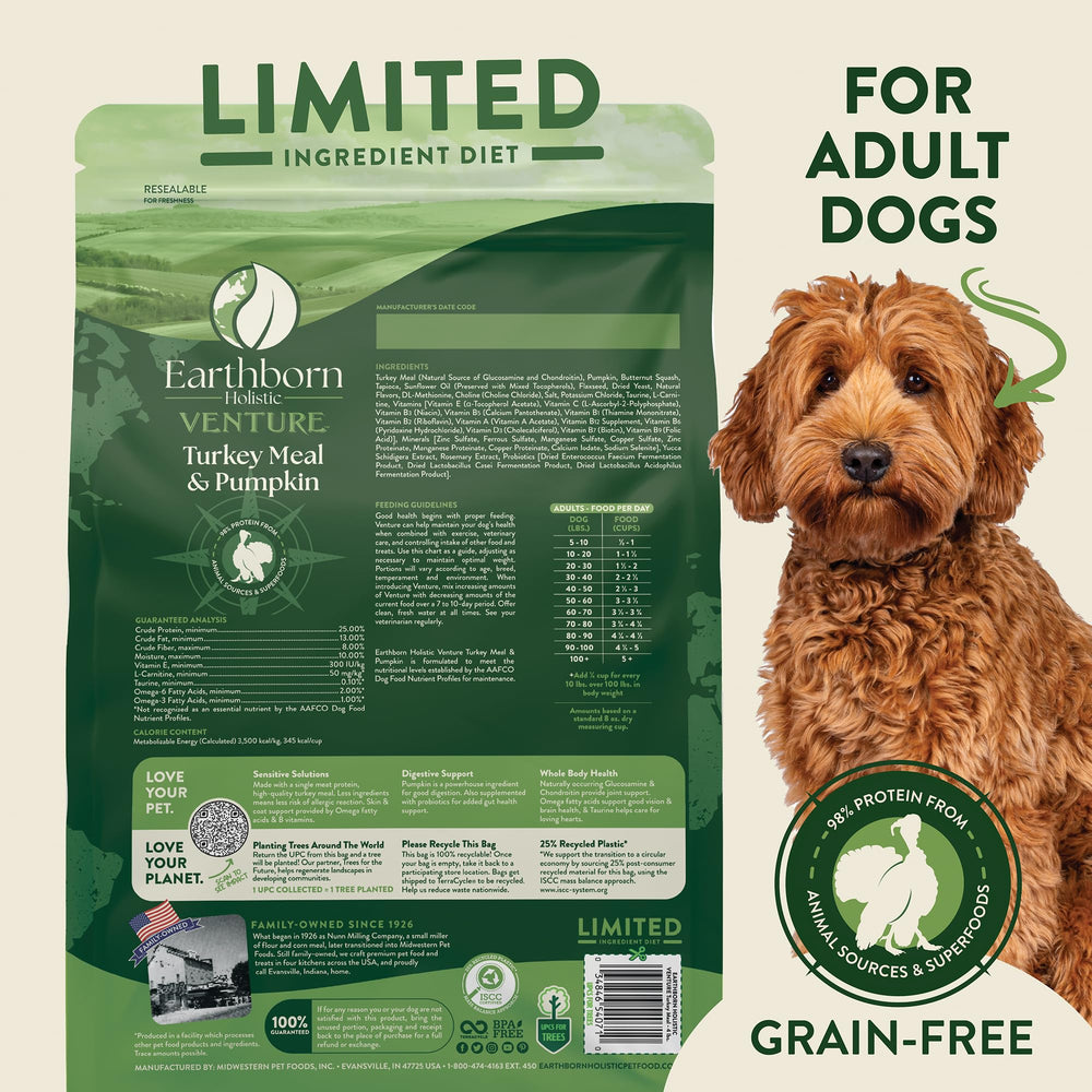 Earthborn Holistic Venture turkey-meal-kibble close-up highlighting single-protein nutrition