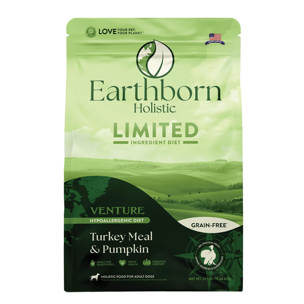 Earthborn Holistic Venture turkey-meal-pumpkin dry dog food bag showing grain-free formula