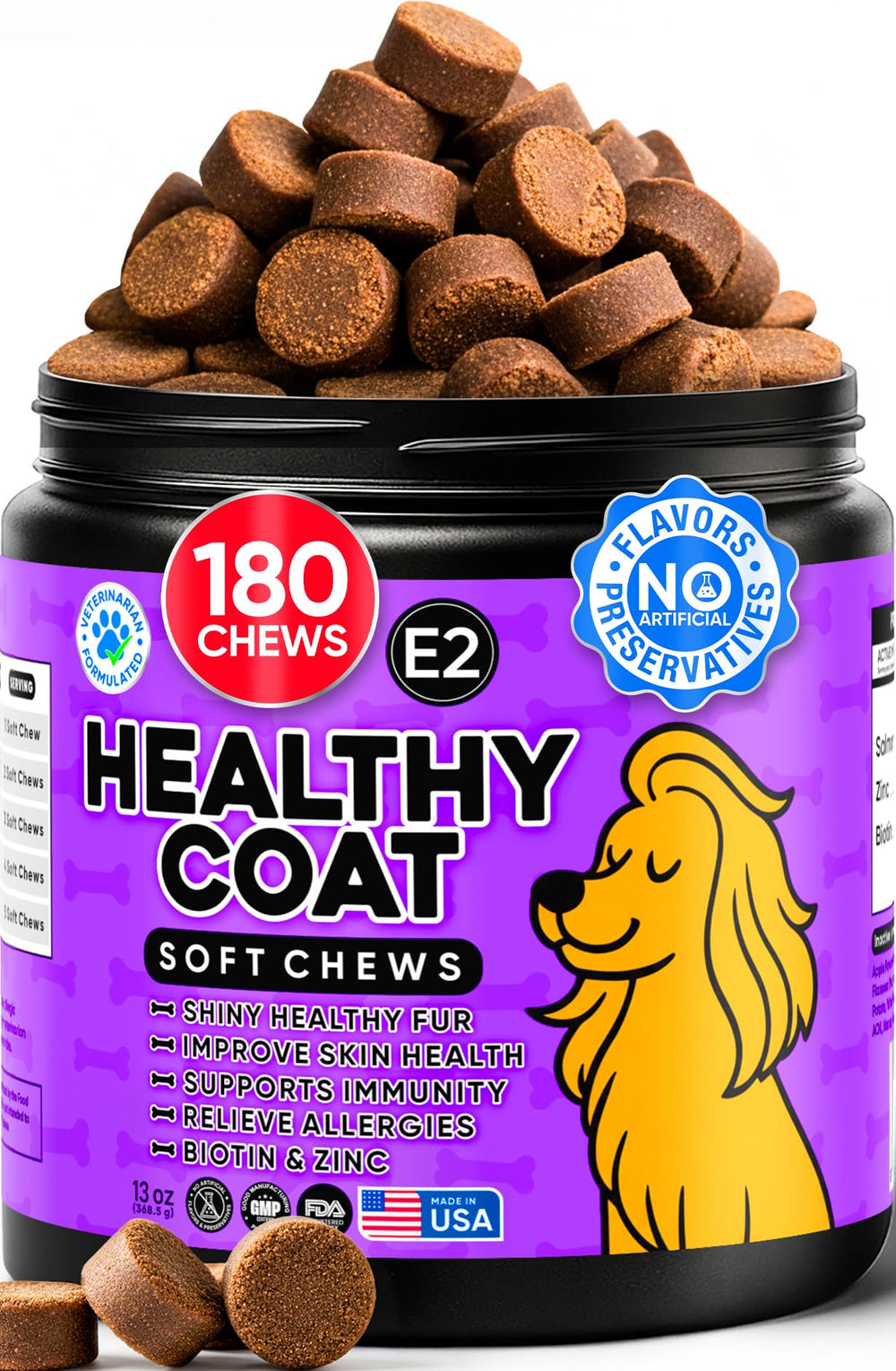 Earthcraft Omega 3 dog chews bottle close-up promotes skin and coat health