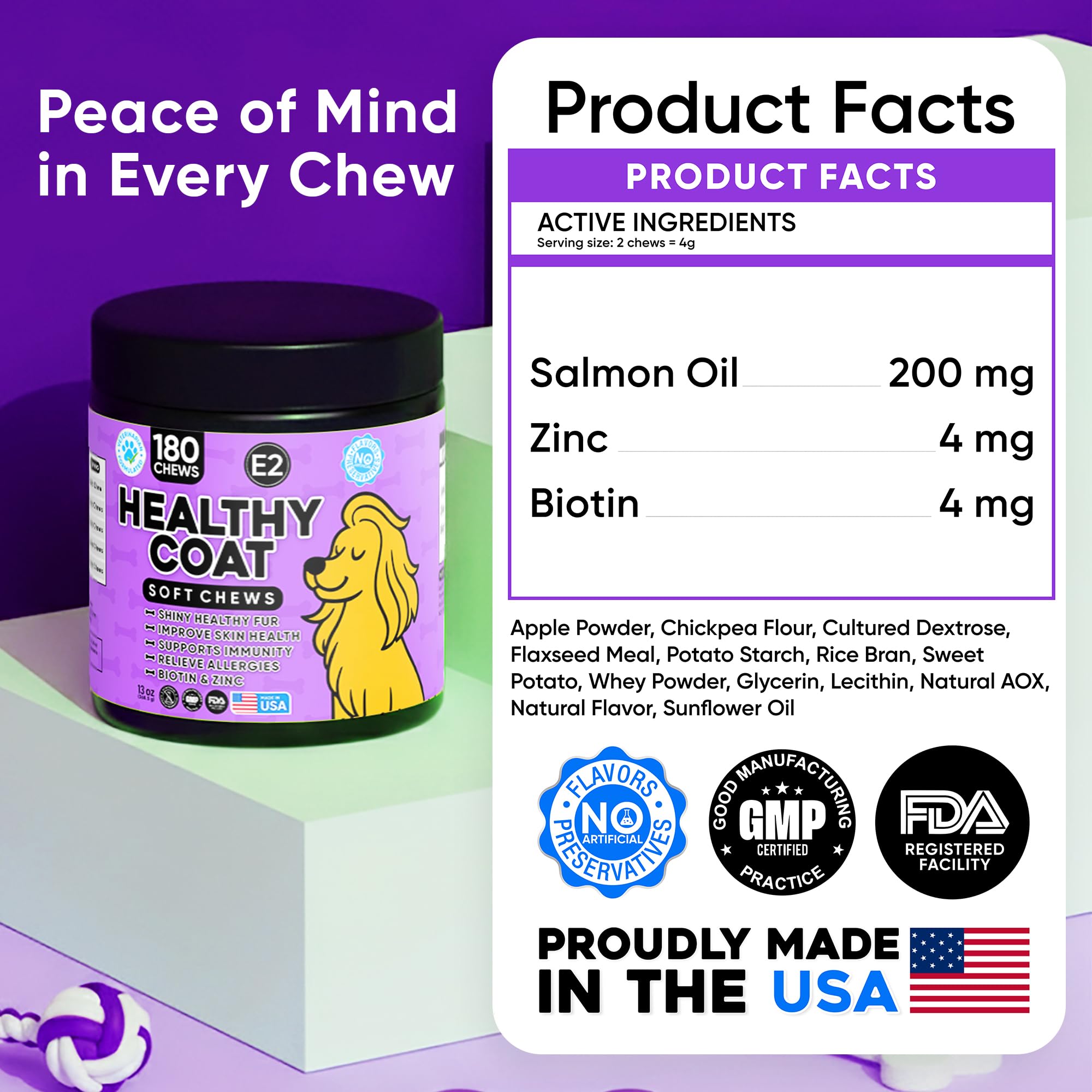 Earthcraft Omega 3 dog chews coat glow image hints at potential shedding reduction