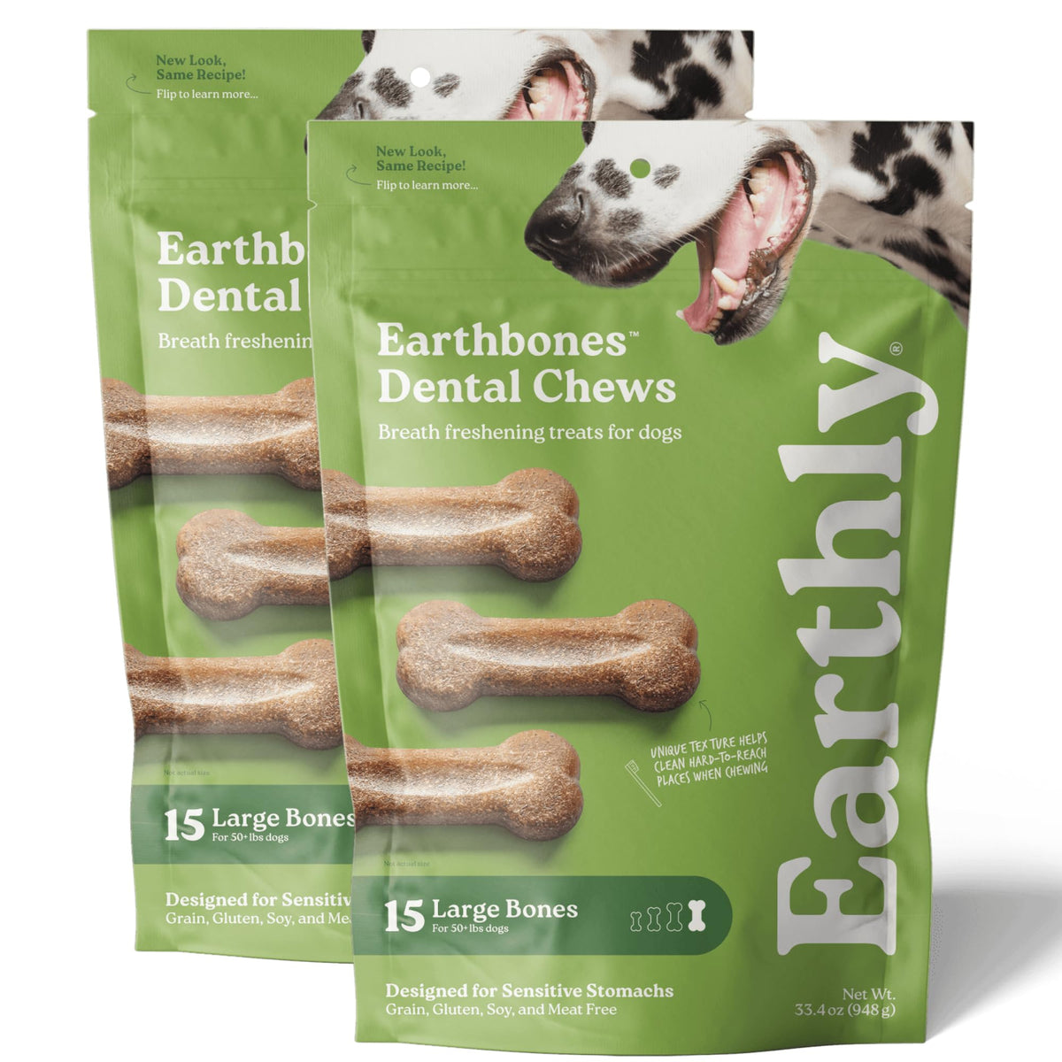 Earthly Earthbones dental chews for large dogs in a 50 lb bag showing the product and packaging.