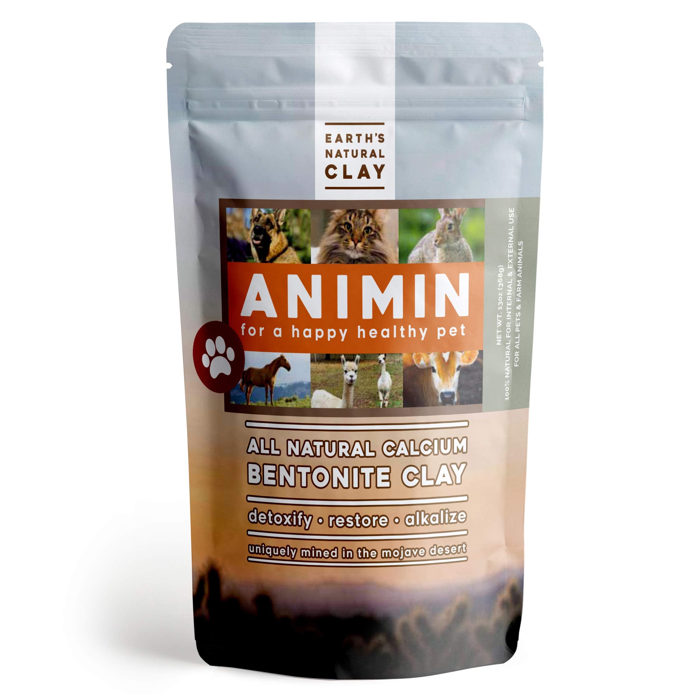 Earth's Living Animin calcium bentonite clay bottle for pets, promoting gentle detox.