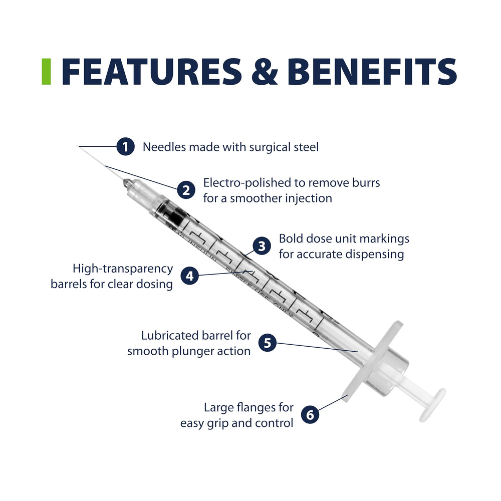 Easy Touch U-40 syringe shows bold half-unit markings for precise dosing.