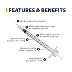 Easy Touch U-40 syringe shows bold half-unit markings for precise dosing.