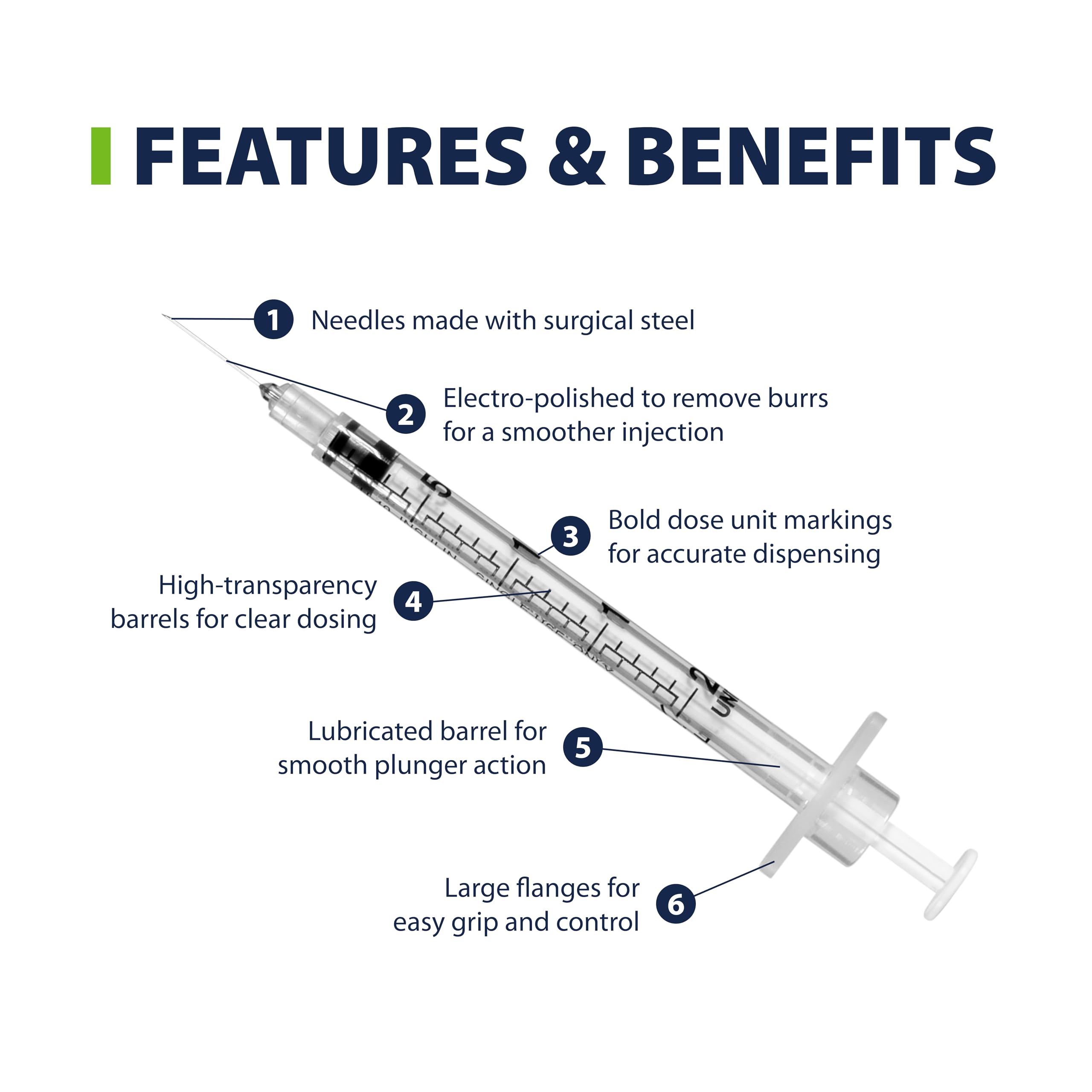 Half-unit markings on Easy Touch syringes for precise pet dosing.