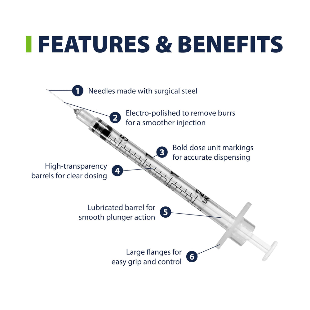 Half-unit markings on Easy Touch syringes for precise pet dosing.