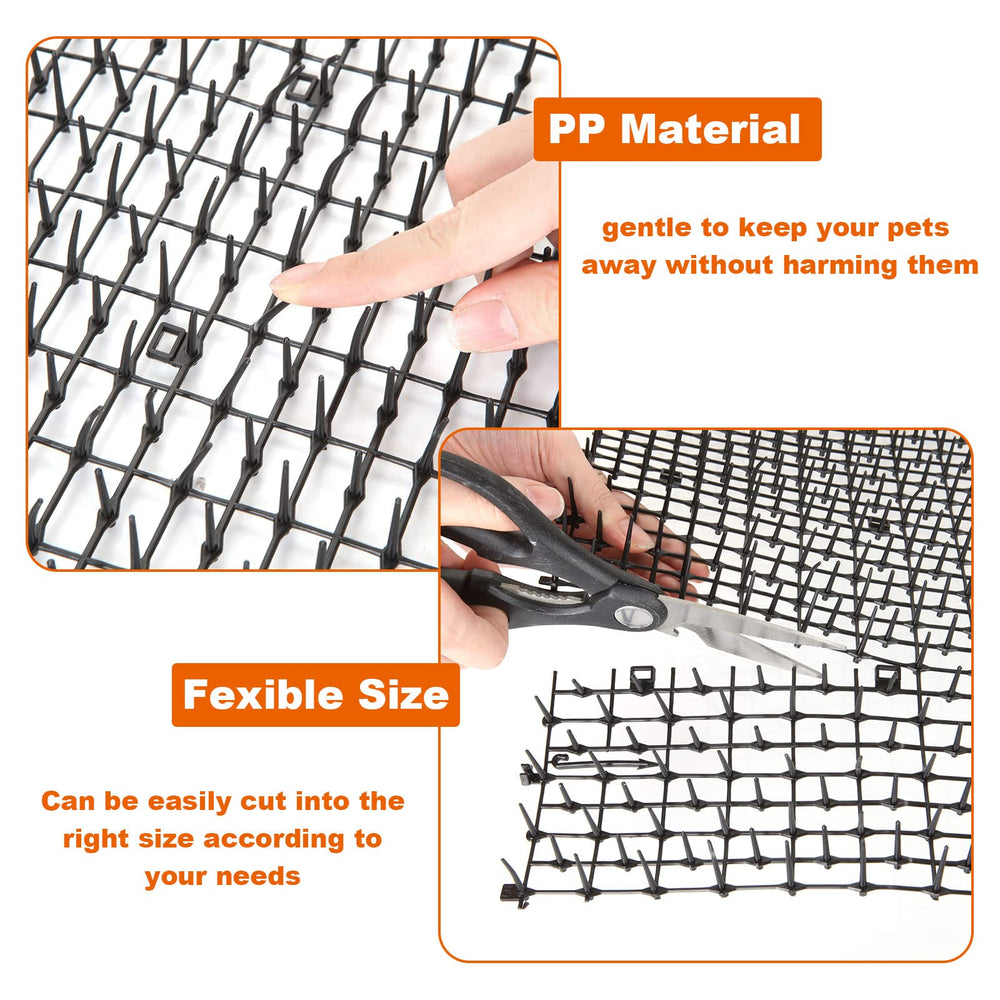 Curved hook and ground nails help secure the mat in soil or turf