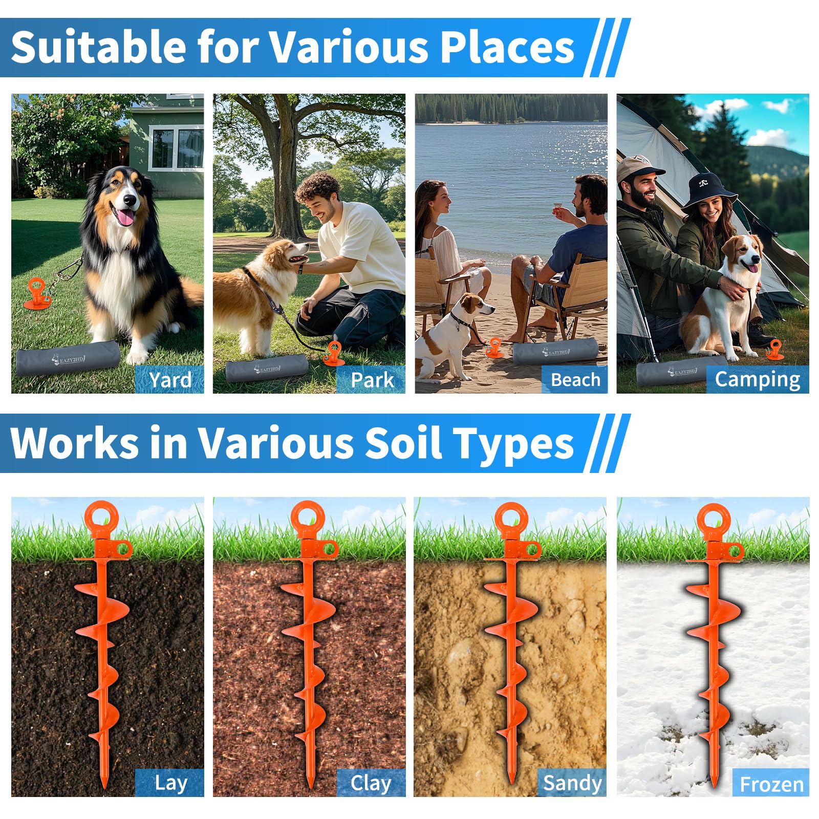Eazy2hD multi-ground anchor usable in rocky, clay, and sand soils