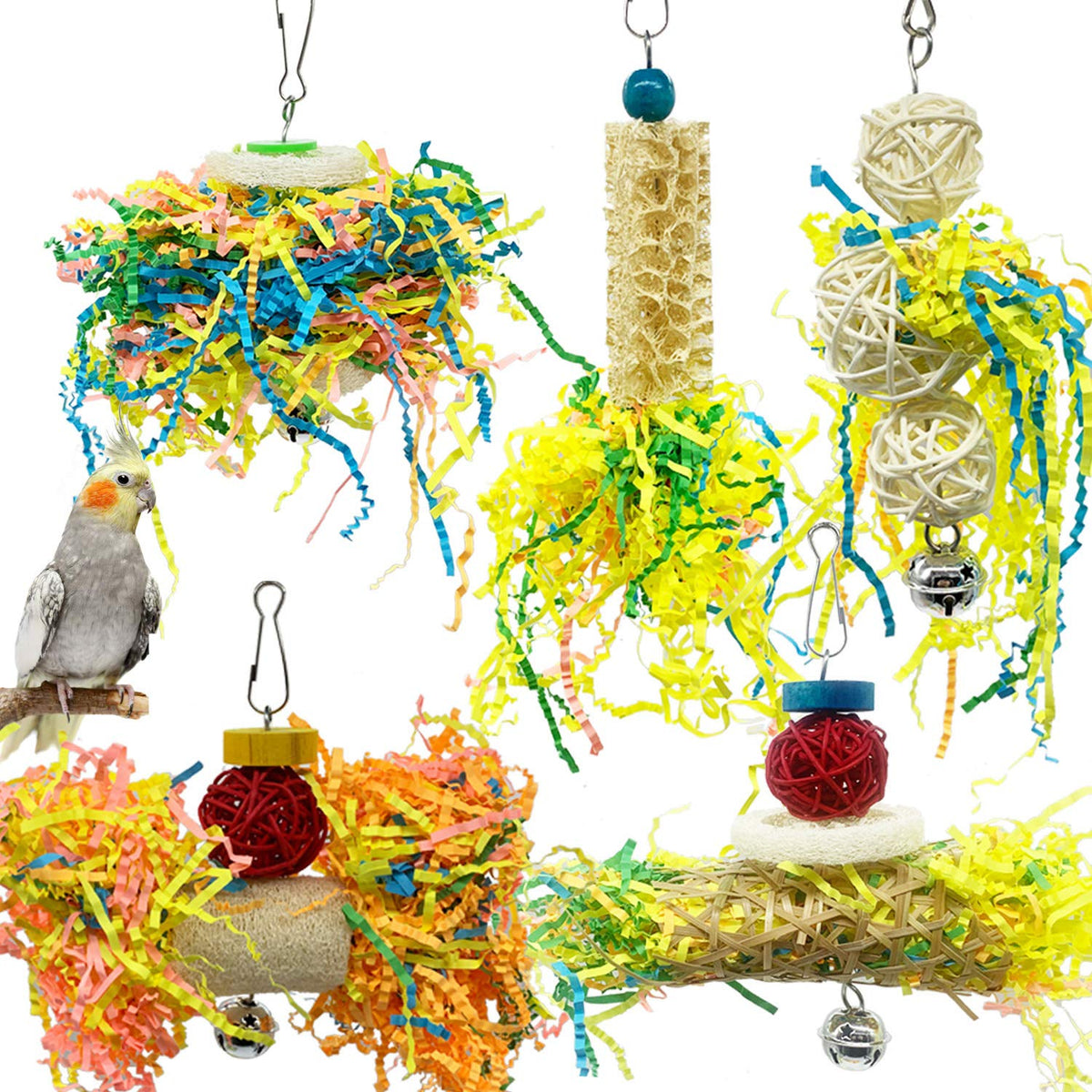 EBaokuup shredding toy with loofah for parrots promotes safe chewing and enrichment.