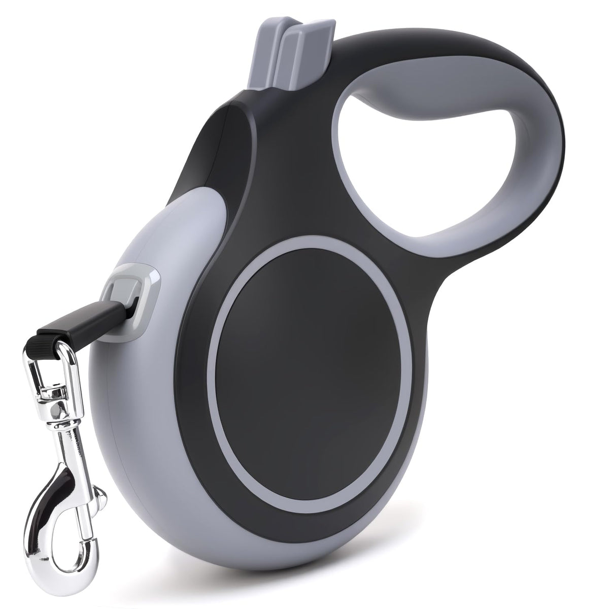 EC.TEAK 26ft retractable leash in black, retracted for easy storage during walks.