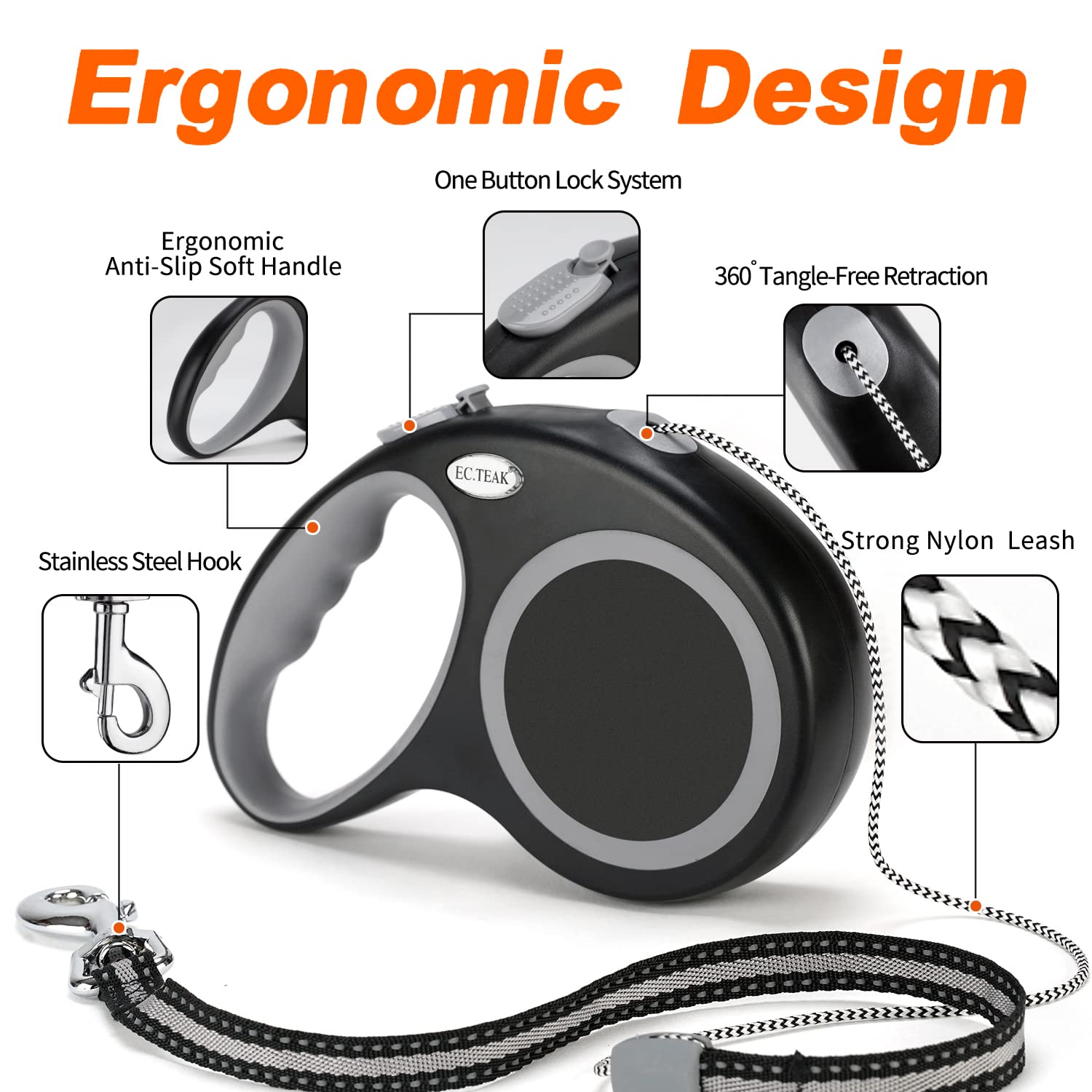 EC.TEAK ergonomic non-slip handle for comfortable long walks with dogs.